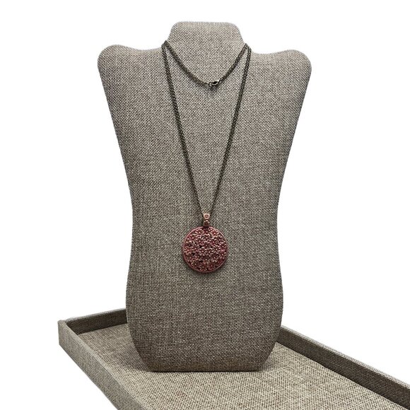 Floral Medallion Red Orange Patina Pendant Double Chain Antique Bronze - Picture 2 of 10